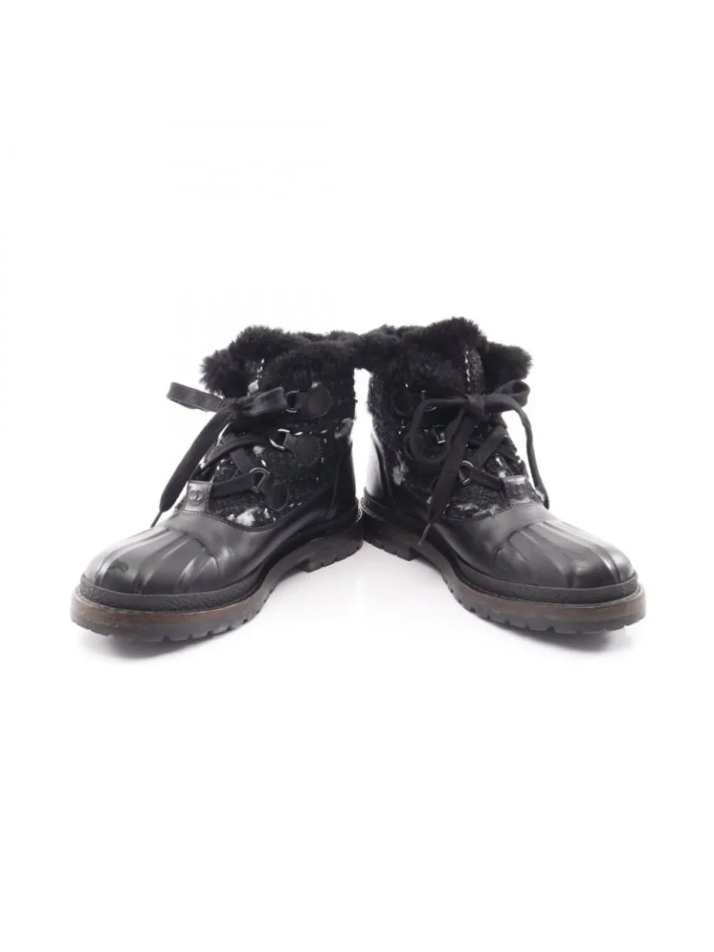 Chanel Boots CC Logo Ankle Combat Fabric Leather